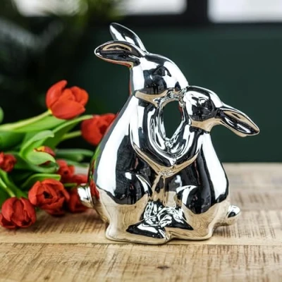Abbildung von Keramik Osterdeko Hasen Liebespaar 19 x 23cm Silber Dekofigur Oster Dekoration Tisch Deko Osterhase