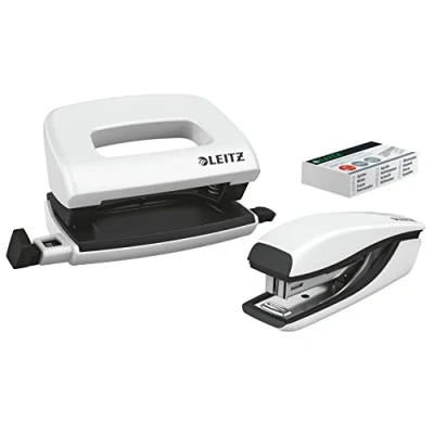 Abbildung von Leitz NeXXt Mini Locher und Heftgerät Set für bis zu 10 Blatt, Inkl. P2 Nr. Heftklammern, perlweiß, WOW, 55612001