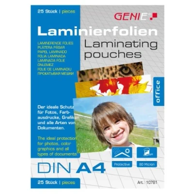 Abbildung von Genie 10781 Laminierfolien (glasklar; 80 Mikron; Formate bis zu DIN A4; geeignet für alle HeiÃŸlaminiergeräte) 25er Pack