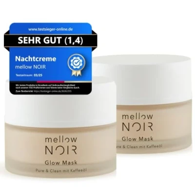 Abbildung von mellow NOIR Glow Mask 2x 50ml tägliche Nachtcreme Reduziert sichtbare Poren &amp; Rötungen Für eine ebenere Haut Spürbarer Sofort Effekt zertifizierte Naturkosmetik vegan, Klimabeitrag clean