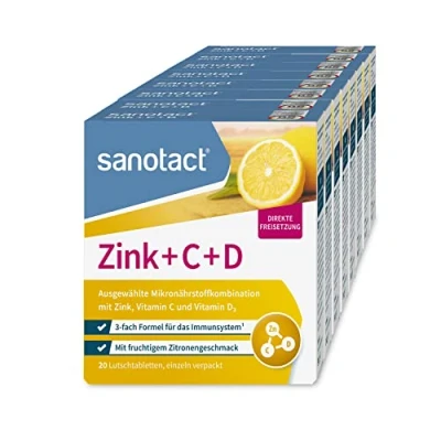 Abbildung von sanotact Zink + C D (8x20 Lutschtabletten) Tabletten mit Vitamin &amp; D3 Vitamine für Immunsystem Immun Lutschtabletten Fruchtiger Zitronengeschmack