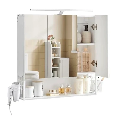Abbildung von VASAGLE Badezimmerschrank mit 3 Türen, Spiegelschrank, Wandschrank, Steckdosen, Hängekorb, Haartrockner Halter, viel Stauraum, für Badezimmer, Waschbecken, wolkenweiß BBK124W14
