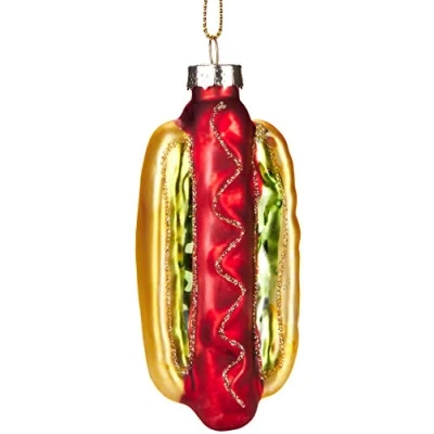 Abbildung von BRUBAKER Hot Dog Handbemalte Weihnachtskugel aus Glas Mundgeblasener Christbaumschmuck Figuren lustig Deko Anhänger Baumkugel 10 cm