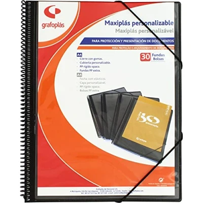 Abbildung von Grafoplás 39843010 Maxiplass Personalisierbarer Ordner mit Spiralbindung, 30 transparente Hüllen, Schwarz, 30,8 x 24 14