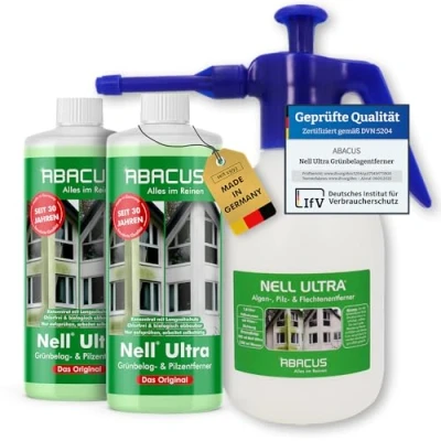 Abbildung von ABACUS® Nell Ultra Grünbelagentferner &amp; Algenentferner Set, extrem stark! Entfernt Grünbelag Algen selbsttätig mit Langzeitschutz 2x1000ml Sprühflasche Set S