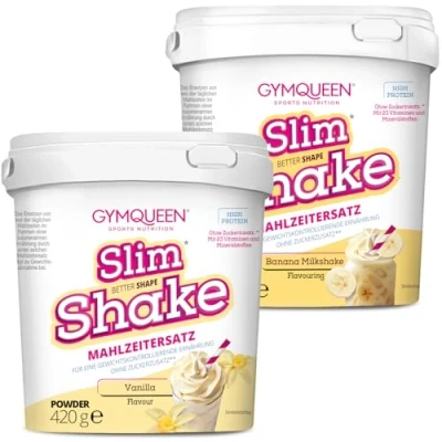 Abbildung von GymQueen Slim Shake, Abnehm Shake 2x420g, Vanille + Banana Milkshake, Leckerer Diät zum einfachen Abnehmen, Mahlzeitersatz mit wichtigen Vitaminen und Nährstoffen, nur 250 kcal pro Portion