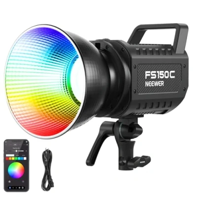 Abbildung von NEEWER 130W RGB LED Videoleuchte APP/2,4G Steuerung 17 Effekte 2500K 7500K 19800Lux/1m COB Dauerlichtleistung mit CRI97/TLCI98 4 Dimmkurven Bowens Halterung Scheinwerfer für Studioaufnahmen FS150C