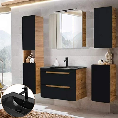 Abbildung von Lomadox Badmöbel Komplettset in seidenmatt anthrazit mit Wotan Eiche Nb., 81 cm Keramik Waschtisch &amp; LED Spiegelschrank, B/H/T ca. 180/195/46