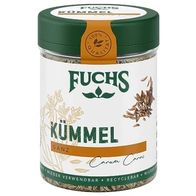 Abbildung von Fuchs Gewürze Kümmel ganz kräftiges Gewürz für Kohl und Fleischgerichte oder zu Bratkartoffeln natürliche Zutaten 60 g in wiederverwendbarer, recyclebarer Dose