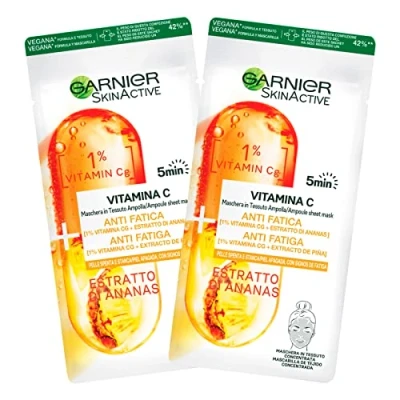 Abbildung von 2 x Garnier SkinActive Vitamin C Stoffmaske Ampulle Konzentrat Anti Ermüdung und Antioxidans mit Ananasextrakt Einwegmasken