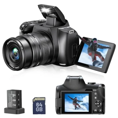 Abbildung von Digitalkamera 4K, 72MP 3&quot; 270 Flip Screen 12X optischer Zoom, Xenon Blitz Anti Shake Fotografie Vlogging Kamera für YouTube, Kompaktkamera Fotokamera mit WLAN und HDMI, 64 GB SD Karte, 2 Akkus