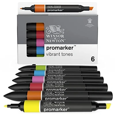Abbildung von Winsor &amp; Newton 0290110 ProMarker, Professioneller Layoutmarker 2 Spitzen, fein und breit für Zeichnungen, Design Layouts 6 Farben Set Lebendige Töne