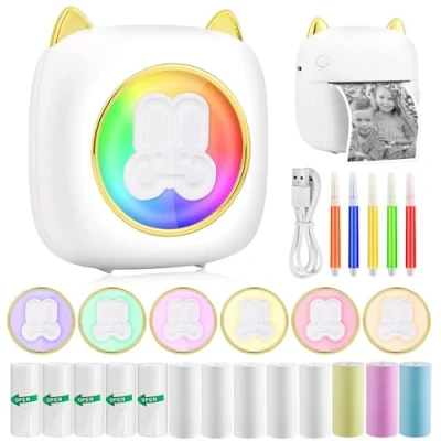 Abbildung von GuKKK Mini Drucker, Mobiler Fotodrucker, Tragbarer Wireless Fotodrucker Thermodrucker, mit 13 Rollen Druckerpapie und 5 Buntstifte, Smartphone Bluetooth für Liste, Journal