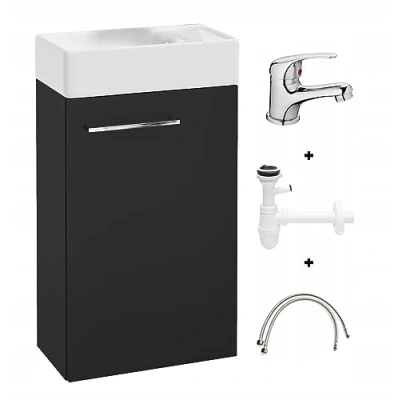 Abbildung von Deftrans Domodomo Badezimmerschrank mit Waschbecken, Waschbeckenschrank 40 x 60 21,3 cm, Keramik Waschbecken Set, Wanddschrank für kleines Bad (Schwarz + Waschtischarmaturenset)