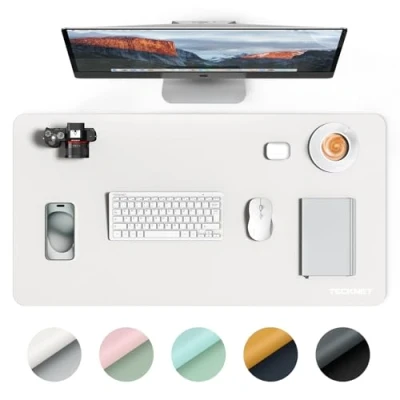 Abbildung von TECKNET Schreibtischunterlage, 80 x 40cm Große Tischschutzpolster, Wasserdichte Laptop Desk Mat, PU Leder Tischunterlage, Abwischbar Doppelseitige Schreibunterlage für Büro/Zuhause (Weiß/Hellgrau)