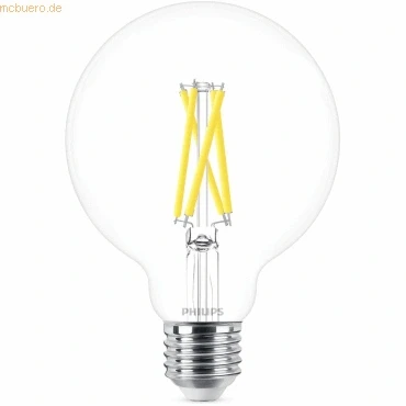 Abbildung von Philips LED Classic E27 WarmGlow Lampe, 60 W, Globeform, dimmbar, klar, warmweiß