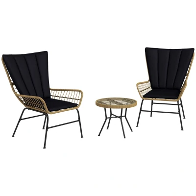 Abbildung von Outsunny 3 teilige Rattan Sitzgruppe, Gartengarnitur, Gartenmöbel Set mit 2 Stühlen, Beistelltisch Hartglasplatte, Kissen, für Balkon, Terrasse, Natur+Schwarz
