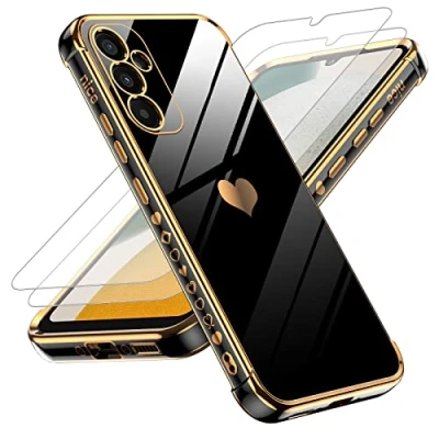 Abbildung von LeYi Hülle für Samsung Galaxy A34 5G Handyhülle mit 2 Stück Panzerfolie, Cute Herz Muster TPU Silikon Galvanik Schutzhülle Cover Case Mädchen, Kameraschutz und Bildschirmschutz, Schwarz