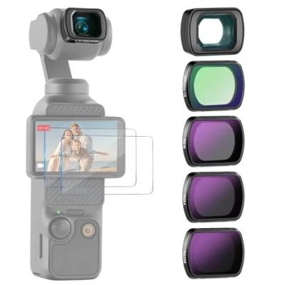 Abbildung von NEEWER ND Filter Set (4er Pack) kompatibel mit DJI Osmo Pocket 3 Creator Combo Zubehör 0,75X Weitwinkelobjektiv Displayschutzfolien, ND16 ND64 ND256 Graufilter Black Diffusion 1/4 Filter, FL B14