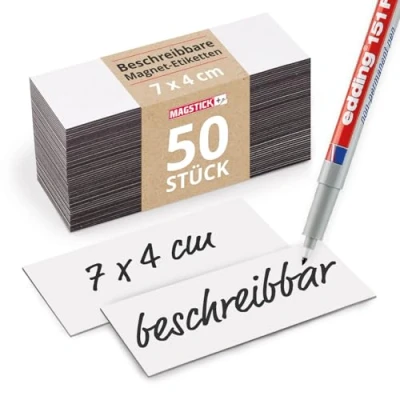 Abbildung von 50 beschreibbare Magnet Etiketten Magstick® I 7 x 4 cm weiß magnetische Beschriftungsfolie beschreibbar Streifen zum Beschriften mag163