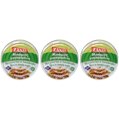 Abbildung von Zanae Okraschoten in Tomatensauce &quot;Bamies&quot; 3x 280g Dose Spezialität aus Griechenland +20ml Jassas Olivenöl