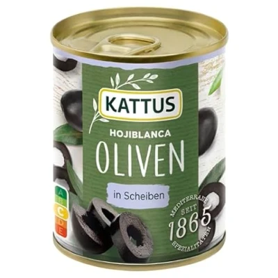 Abbildung von Kattus Hojiblanca Oliven in Scheiben Schwarze zum Belegen von Pizza, Garnieren Salaten oder Saucen 85 g der Dose