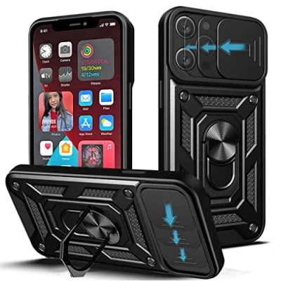Abbildung von NC LOCLOUD Schutzhülle für iPhone 12 Pro Max, Kameraschutz, mit Schiebelinse, Abdeckung und Ringhalter, aus hartem PC TPU, Silikon, stoßfest, Kratzfest Schwarz