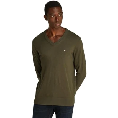 Abbildung von Tommy Hilfiger Herren Pullover V Neck Regular Fit, Mehrfarbig (Army Green), S