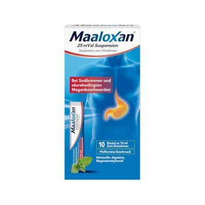 Abbildung von Maaloxan 25 mVal Suspension, Suspension zum Einnehmen, 10 x ml, mit Algeldrat und Magnesiumhydroxid, bei Sodbrennen säurebedingten Magenbeschwerden