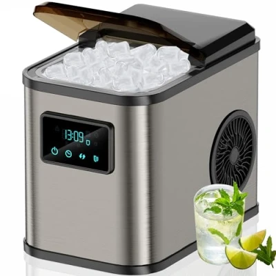 Abbildung von KeeGone Edelstahl Eiswürfelmaschine mit LED Display Eismaschine Eiswürfelbereiter und Reinigungsfunktion 2L Wassertank inklusive Eisschaufel Korb 2 Eiswürfel Größen für Küche Büro Bar Party