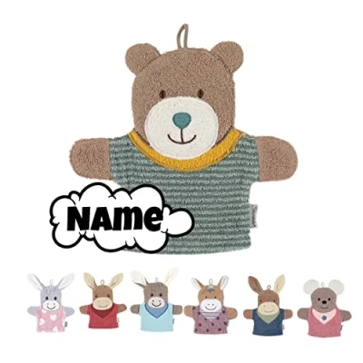 Abbildung von Sterntaler Waschlappen Kinder personalisiert Waschhandschuh Frottee mit Namen bestickt 100% Baumwolle Baby Geschenke (Ben Bär mittelgrün)