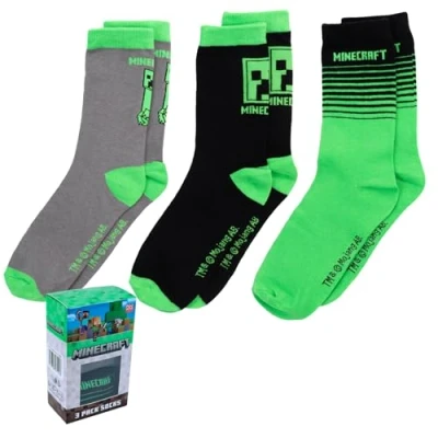 Abbildung von Minecraft Creeper Socken Strümpfe Sneaker auch mit Geschenkverpackung, hoher Baumwollanteil, Jungen 3er und 5er Paar (DE/NL/SE/PL, Numerisch, 27, 30, Regular, Schwarz Grau)