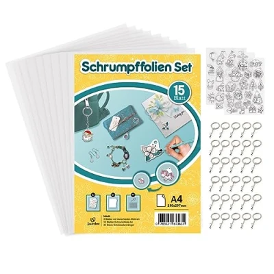 Abbildung von Sweelov 15 Blatt Schrumpffolien Set mit 30 STK Schlüsselanhänger A4 Schrumpfende Plastikfolie Motiven transparent Deko Folie für Handwerk