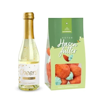 Abbildung von 2er Set Gold Secco Cheers! und Marshmallows Hasenfutter Osterhase Ostergeschenk Sekt Geschenk für Freundin Edler Prosecco Perfekt festliche Anlässe Exklusive Geschenkidee