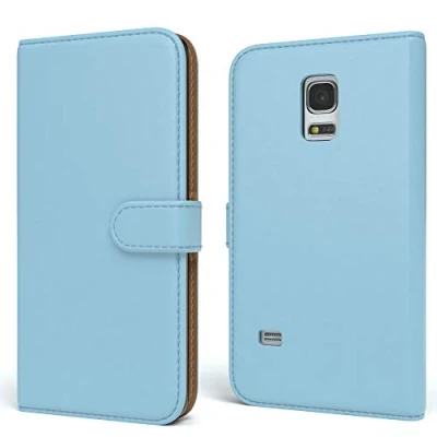 Abbildung von EAZY CASE Tasche kompatibel mit Samsung Galaxy S5 Mini Schutzhülle Standfunktion Klapphülle Bookstyle, Handytasche Handyhülle Magnetverschluss und Kartenfach, Kunstleder, Hellblau