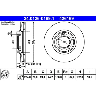 Abbildung von ATE 24.0126 0169.1 Bremsscheibe 274,0 26,0 5 108,0 Belüftet beschichtet HYUNDAI: H 1 Cargo, / Starex MPV, Kastenwagen