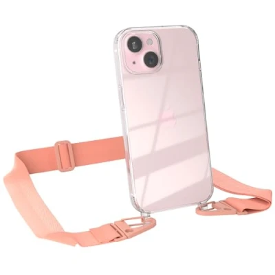 Abbildung von EAZY CASE Hülle mit Band kompatibel iPhone 15 Handyhülle Umhängeband für Silikonhülle Transparent Schutzhülle Handykette zum Umhängen Handykordel Smartphone in Rosa Coral