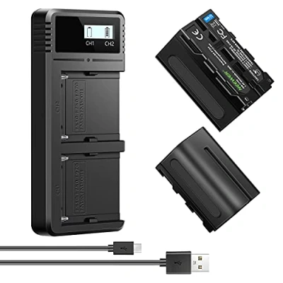 Abbildung von NEEWER Ladegerät Dual USB mit NP F750 2Stk 5600mAh Ersatzakkus, Schnellladegerät kompatibel Sony F970 F960 F950 F770 F570 F550, Handycam und LED Licht, Monitor, motorisiertem Slider