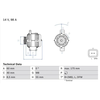 Abbildung von BOSCH 0 986 041 850 Lichtmaschine 14V 98A RENAULT: Kangoo I, Scénic 1, Megane I Grandtour, DACIA: Sandero Logan MCV, Limousine