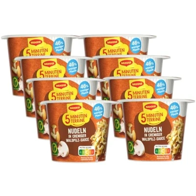 Abbildung von MAGGI 5 Minuten Terrine Nudeln in Waldpilzrahmsauce, leckeres Fertiggericht, Instant Nudeln, mit Pilzen, 8er Pack (8 x 56g)