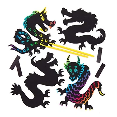 Abbildung von Baker Ross Kratzbild Magneten „Drachen“ (10 Stück) Bastelidee für Kinder zum Verzieren und Gestalten