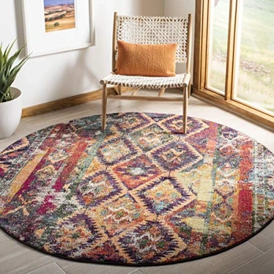 Abbildung von Safavieh Boho Teppich für Wohnzimmer, Esszimmer, Schlafzimmer Monaco Collection, Kurzer Flor, Lila und Orange, 200 x cm
