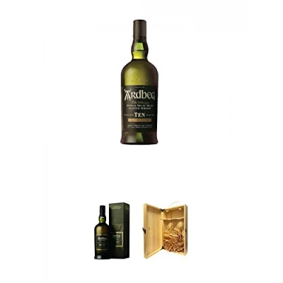 Abbildung von Ardbeg TEN 10 Jahre Islay Single Malt Whisky 0,7 Liter + Uigeadail 1a Holzbox für 2 Flaschen mit Hakenverschluss