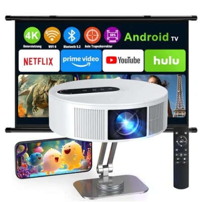 Abbildung von Mini Beamer, 4K Full HD 1080P Projector mit Bluetooth und WiFi Android OS 11.0, 150 Zoll, 360 Grad Flip Smart Led Beamer Kompatibel Smartphone/TV Stick/TV Box/HDMI/USB/AV/PS5 (Weiße)