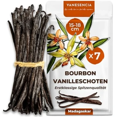Abbildung von 7 Stück Vanilleschoten XL 15 18cm Bourbon Vanille Schoten aus Madagaskar GRAND CRU Jahrgang 2025 Vanillestangen fleischig &amp; aromatisch Zip Beutel VANESENCIA (7 Vanilleschoten)
