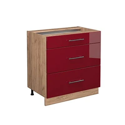 Abbildung von Vicco Küchenunterschrank Fame Line, Bordeaux Hochglanz/Goldkraft Eiche, 80 cm mit 3 Schubladen, ohne Arbeitsplatte