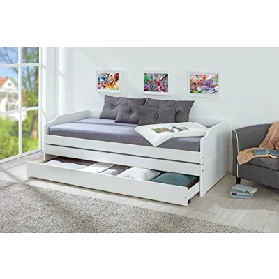 Abbildung von Inter Link Funktionsbett Stauraumbett Bett mit Schubladen Kiefer massivholz Für Kinder, Jugendliche Einzelbett Gästebett 2 Lattenroste 3 Liegeflächen Weiß Lotar 90x200 cm