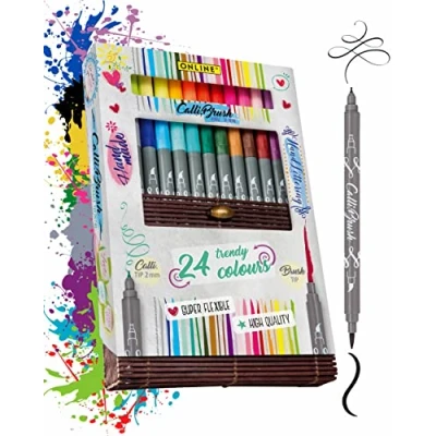 Abbildung von ONLINE Brush Pen Set Calli.Brush I 24 Double Tip Pinselstifte mit Kalligrafie Spitze &amp; Pinselspitze farbenfrohe Handlettering Stifte für Kalligraphie, Bullet Journals Co. in Bambus Box