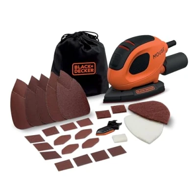 Abbildung von BLACK+DECKER Dreieckschleifer Mouse für staubfreies Schleifen (55 Watt Schleifmaschine, Schleifplatte 133 x 95 mm, Schleifen/Polieren, inkl. Schleifpapiere + Fingerschleifpapier) BEW230BCA
