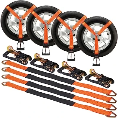 Abbildung von VEVOR Unterlegkeil Spanngurt Set, 5,08 x 243,84 cm Spanngurte Autotransport, 4 teiliges Anhänger Spannsystem 5000 kg Bruchlastkeit, ATVs, UTVs, Anhänger, und Zubehör Orange